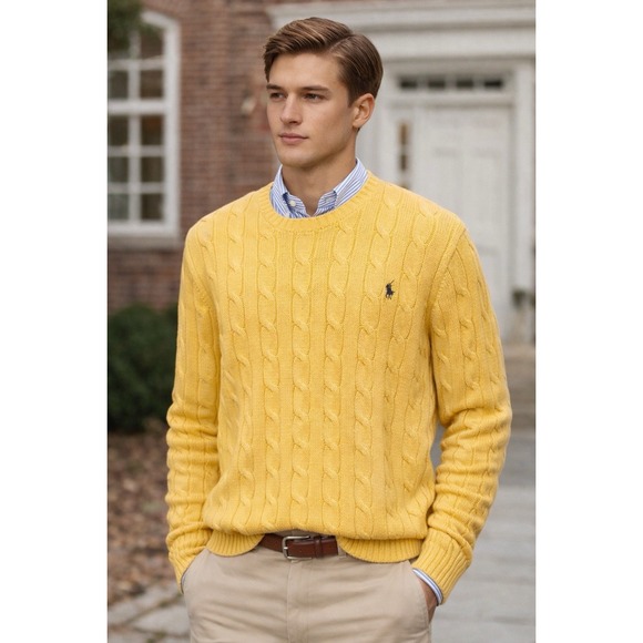 Polo Ralph Lauren men Sweater XL Yellow Cable Knit Preppy Soft Outdoors